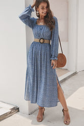 Square Collar Floral Slit Midi Dress Ins street